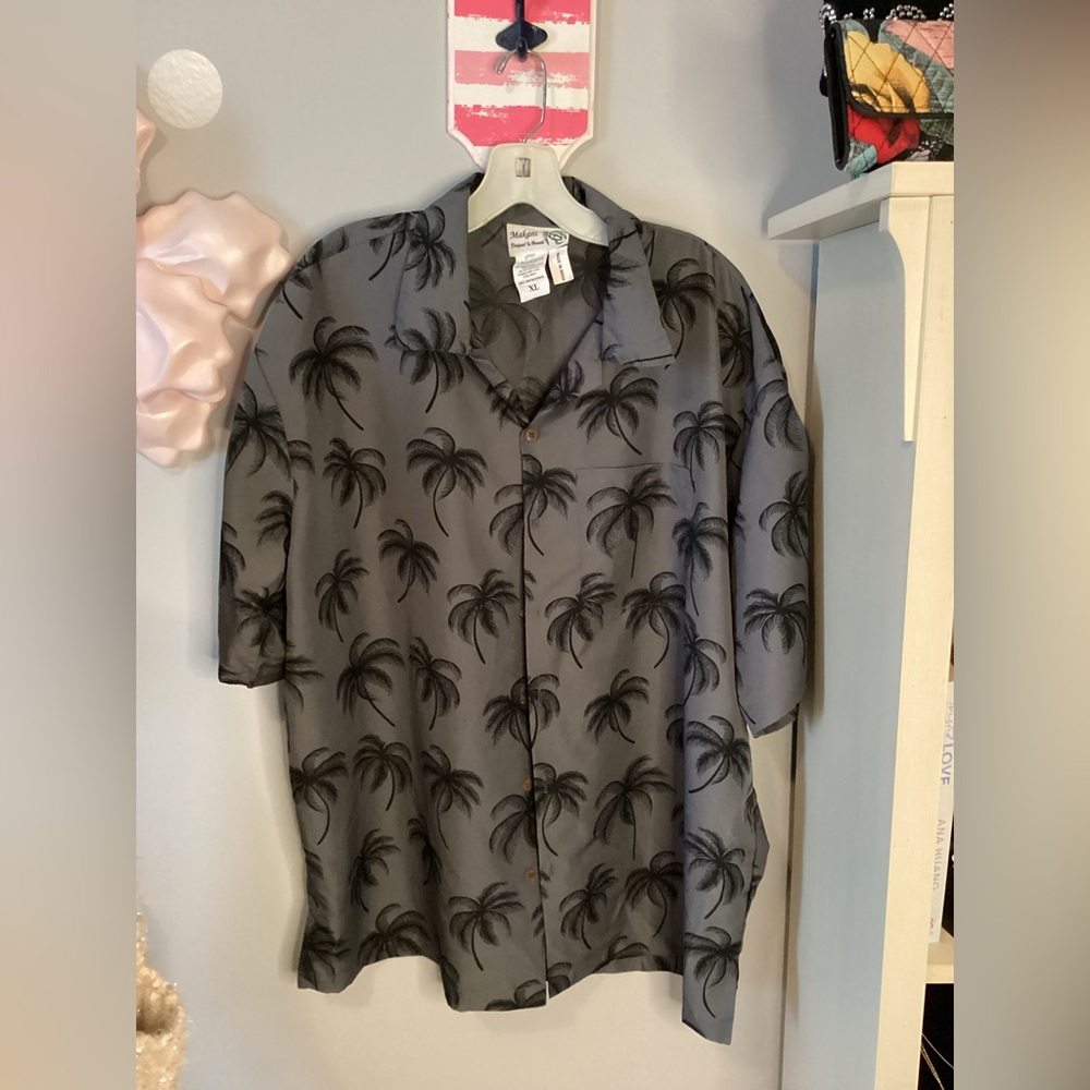 Makank Palm Tree Print  Button Down Shirt, Mens, Xl, Vacation, Resort Wear